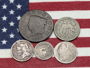 Grab Bag of Vintage U.S. Coin, 1822 US Large Cent, 1871 Three Cent Nickel, 1875-CC Seated Liberty