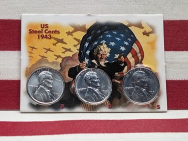 1943 PDS Lincoln Steel Wheat Cent Mint Mark Collection in Display Case