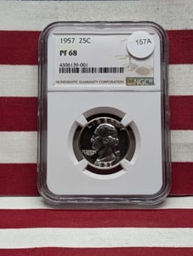 1957 Washington Quarter. Slabbed by NGC, top tier grader, as Proof 68. Very high investment grade.