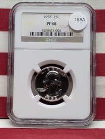 1958 Washington Quarter. Slabbed by NGC, top tier grader, as Proof 68. Very high investment grade.