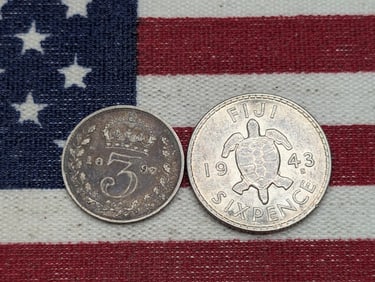 1943-S Fiji Silver Sixpence & 1897 United Kingdom 3 Silver Pence (2 PCS)