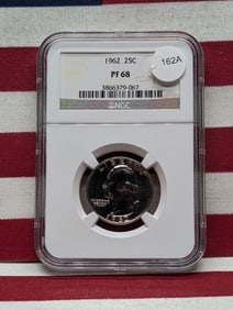 1962 Washington Quarter. Slabbed by NGC, top tier grader, as Proof 68. Very high investment grade.