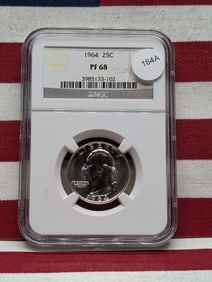 1964 Washington Quarter. Slabbed by NGC, top tier grader, as Proof 68. Very high investment grade.