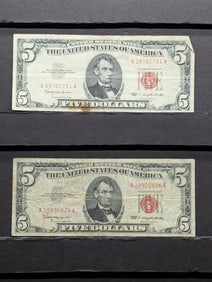 Lot of Two 1963 Series $5.00 RED SEAL Banknotes