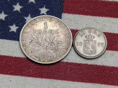 1911 France 1 Silver Franc & 1877 Sweden 10 Silver Ore (2 PCS)