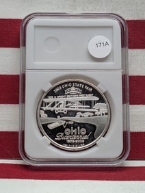 Ohio Bicentennial .999 silver round. Pictures the Wright Brothers aircraft. Scarce. Proof like.