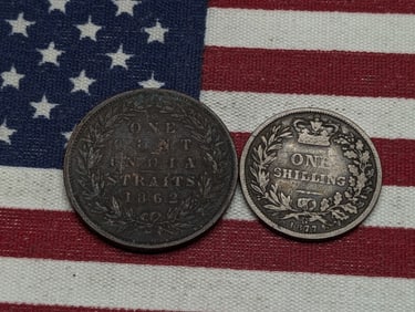 1862 India British Straits 1 Cent & 1877 United Kingdom 1 Silver Shilling (2 PCS)