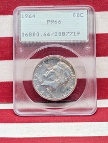 1964 Kennedy Half. Slabbed by PCGS, top grader, as PR 66. RATTLER holder. 90% Silver