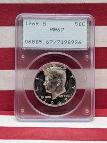 1969-S Kennedy Half. Slabbed by PCGS, top grader, as PR 66. RATTLER holder. 40% Silver