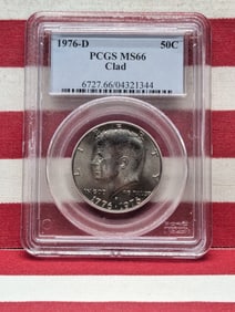 1976-D Kennedy Half. Slabbed by PCGS, top grader, as MS 66. Hard to find in high grade.