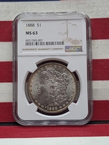 1888 Morgan $1. Slabbed by NGC, top tier grader, as MS 63. Very nice coin and a little better date.