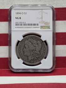 1894-O Morgan $1. Slabbed by NGC, top tier grader, as VG 8. Better mid-nineties date.