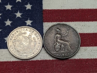 1928 Guatemala 10 72% Silver Centavos & 1827 Great Britain Farthing *VF* (2 PCS)