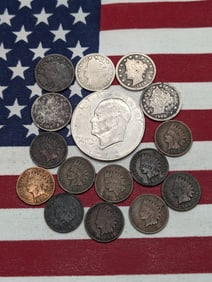 Large Grab Bag of Vintage U.S. Coin, (1) 1972 IKE Dollar, (5) Liberty Head V Nickels, & (10) Indian