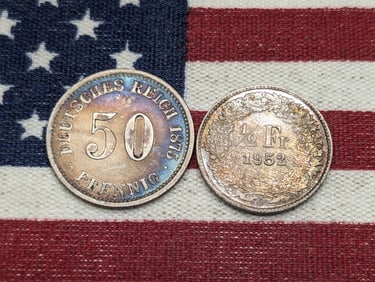 1875 German Empire 50 Silver Pfennig & 1952 Switzerland 1/2 Silver Franc (2 PCS)