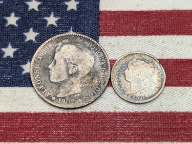 1902 Spain 1 Silver Peseta & 1872-H Canada 5 Cents 92.5% Silver(2 PCS)
