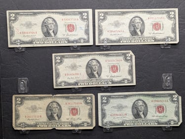 Lot of Five Various 1953 Series  $2.00 RED SEAL Banknotes (2) 1953 & (3) 1953-A series)