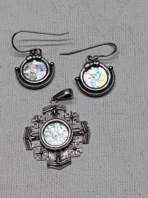 Ancient Roman Glass SOLID SILVER Earring Set & Necklace Pendant - VERY PRETTY JEWELRY!!