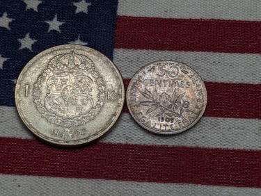 1909 France 50 Silver Centimes *XF* & 1945-G Sweden 1 Silver Krona (2 PCS)
