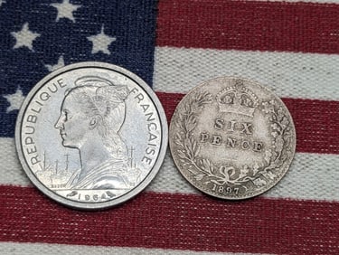 1897 Great Britain 6 Silver Pence & 1964 Reunion 1 Franc (2 PCS)