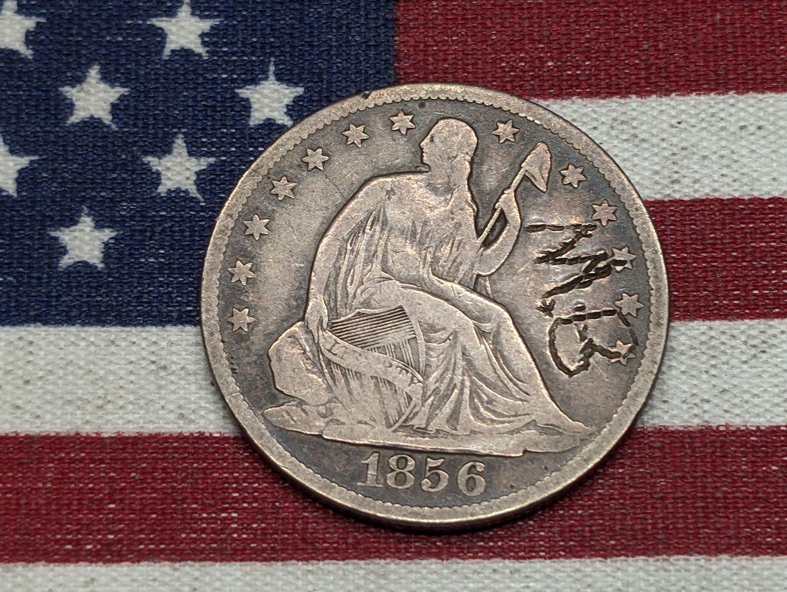 1856-O w/ Drapery Seated Liberty Half Dollar w/ Carved MB Initials **FINE DETAILS** (1 of 2)