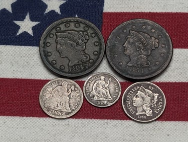 (5) Vintage U.S. Coin, 1847 & 1851 US Large Cents, 1866 Three Cent Nickel, 1876 Seated Liberty Dime,
