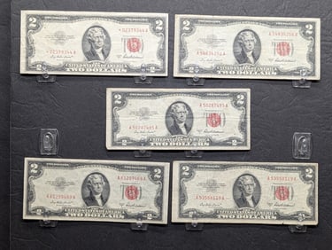 Lot of Five Various 1953-A Series  $2.00 RED SEAL Banknotes, Includes One Star Note