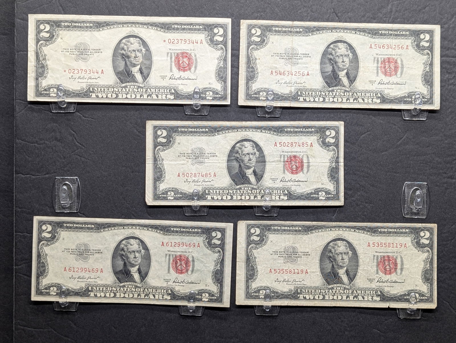 Lot of Five Various 1953-A Series  $2.00 RED SEAL Banknotes, Includes One Star Note (1 of 4)