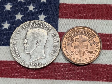 1914-W Sweden 1 Silver Krona & 1943 Madagascar 50 Centimes *RARE* (2 PCS)