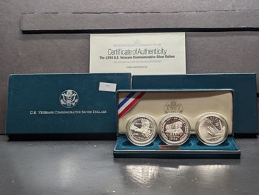 1994-P PROOF U.S. Veterans Commem. 3-Coin 90% Silver Dollar Set in OGP w/ COA