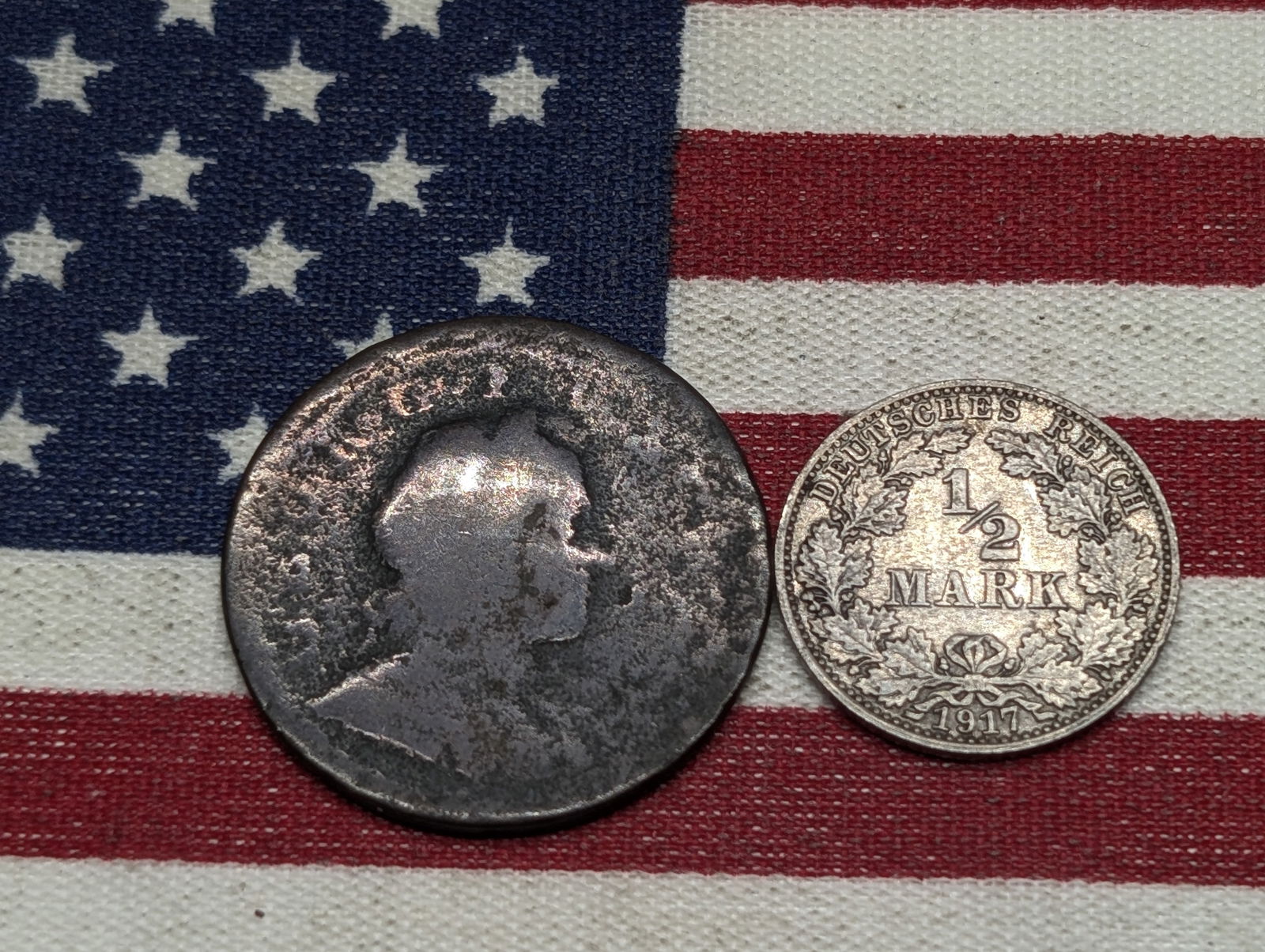 1917-A Imperial Germany 1/2 Silver Mark & 1720 Great Britain 1/2 Penny (2 PCS) (1 of 2)