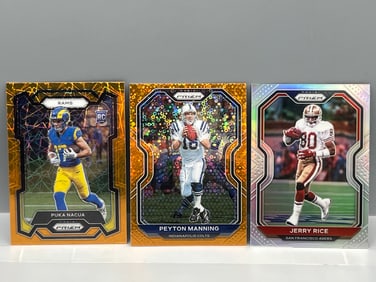 2020 Panini Prizm Peyton Manning Orange Disco #91, Jerry Rice Silver #291, & 2023 Prizm Puka Nacua