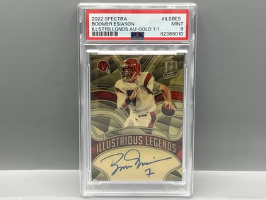 2022 Panini Spectra Boomer Esiason Illustrious Legends On Card Gold Vinyl #1/1 Auto PSA Mint 9