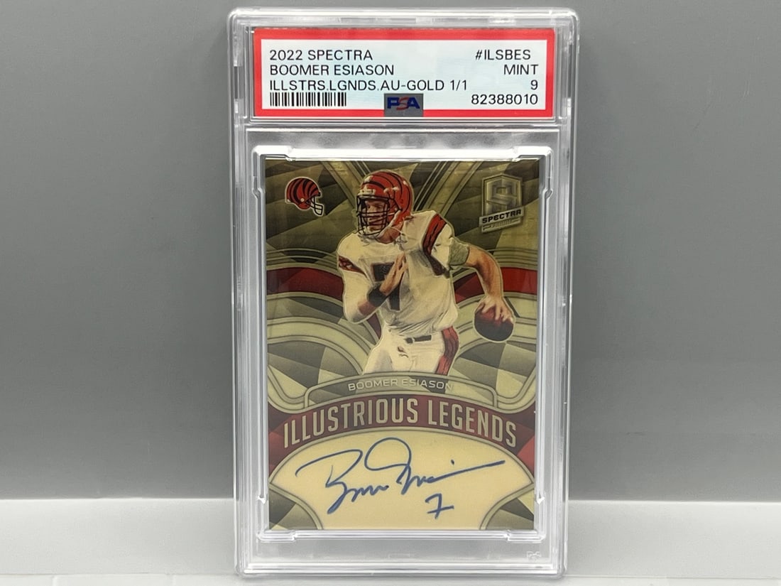 2022 Panini Spectra Boomer Esiason Illustrious Legends On Card Gold Vinyl #1/1 Auto PSA Mint 9 (1 of 2)