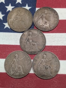 (5) Great Britain One Pennies, 1920, 1921, 1927, 1929, & 1938