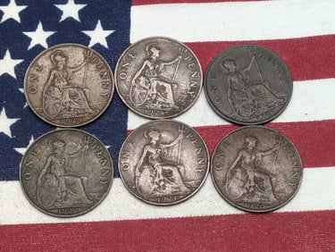 (6) Great Britain One Pennies, 1920, 1921, 1922, 1927, 1928, & 1929