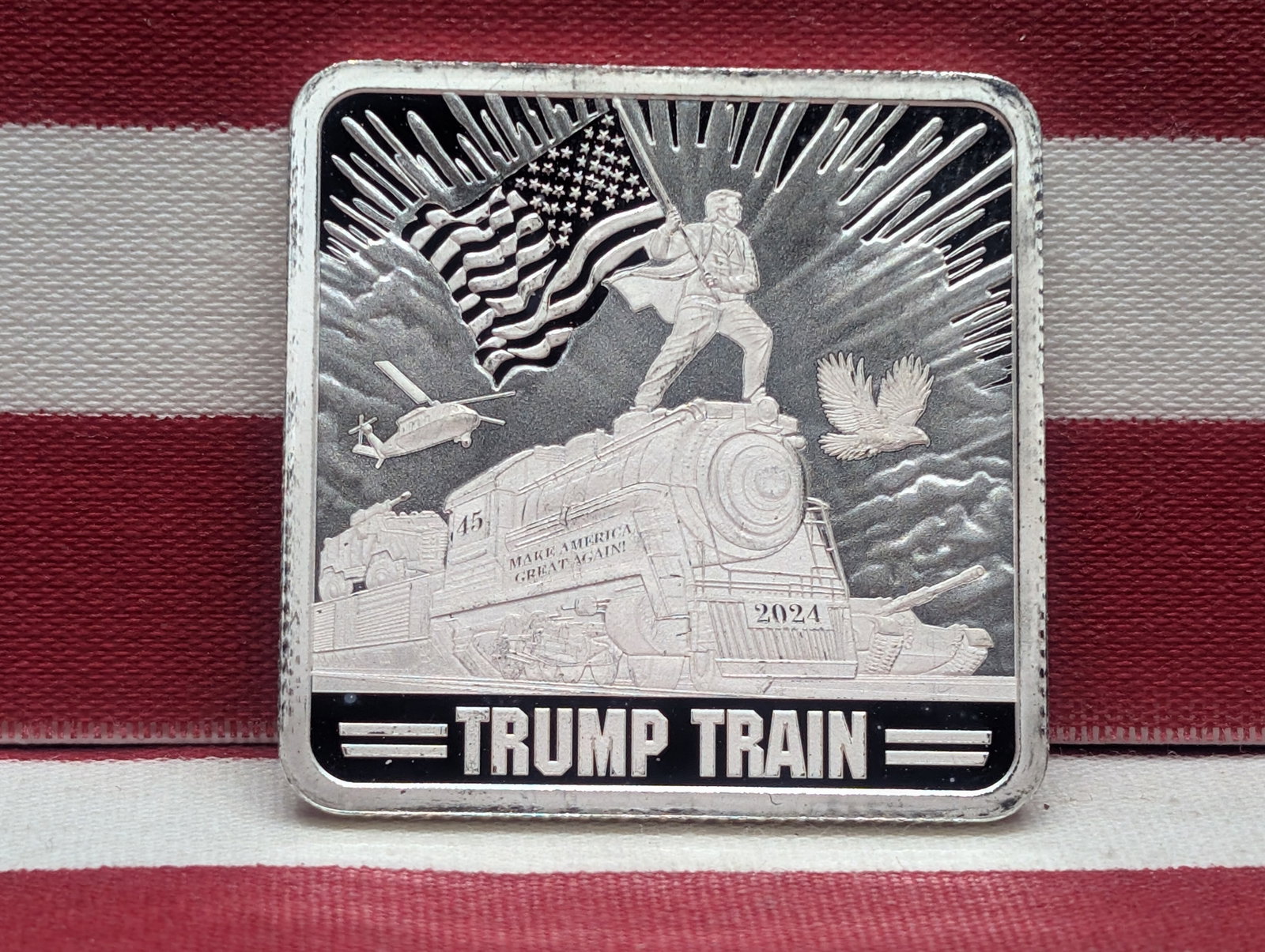 2024 1 Oz. .999 FINE SILVER Trump Train Designed Square Art Bar: 2024 1 Oz. .999 FINE SILVER Trump Train Designed Square Art Bar