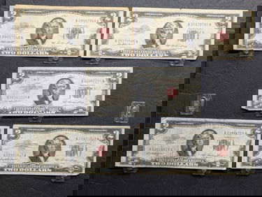 Lot of Five 1953 Series $2.00 RED SEAL Banknotes