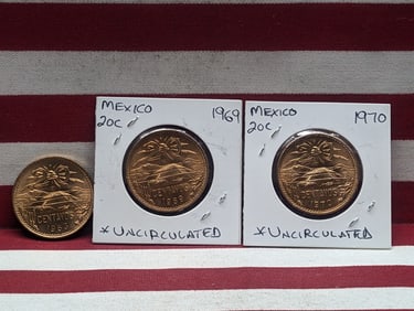 1963, 1969, & 1970 Mexico Twenty Centavos, UNC