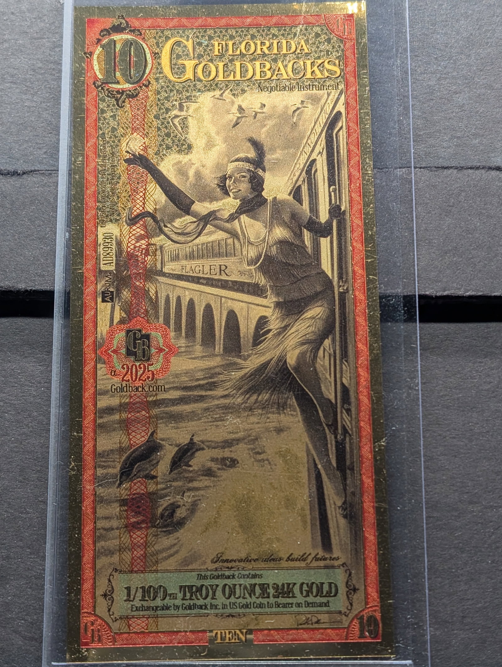 1/100th Troy Oz. 24k PURE GOLD 2025 $10.00 Florida Goldback: 1/100th Troy Oz. 24k PURE GOLD 2025 $10.00 Florida Goldback