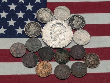 Various Vintage U.S. Coins, Ike Dollar, (5) Liberty Head V Nickels, (10) Indian Head Cents