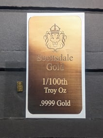 1/100th Oz. .9999 FINE GOLD Scottsdale Mint Designed Miniature Art Bar