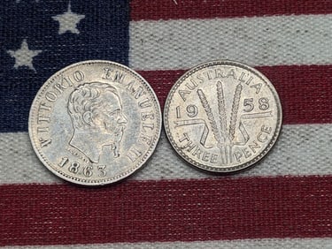 1863 Italy 50 Silver Centesimi & 1958 Australia Silver Threepence (2 PCS)