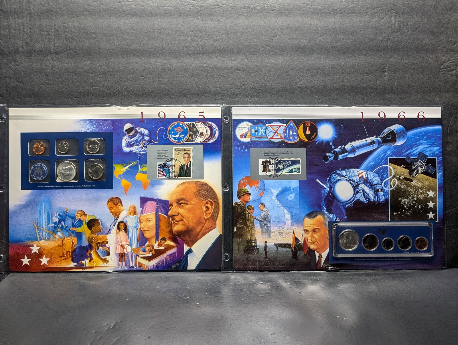 1965 Philadelphia & 1966 SMS U.S. Uncirculated Coin Mint Set & Commem Stamps in Display Binder (1 of 9)