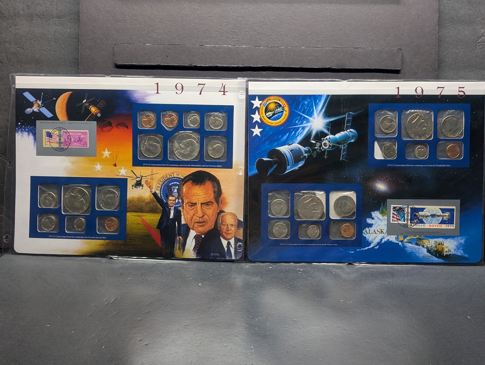 1974-P&D & 1975-P&D U.S. Uncirculated Coin Mint Set & Commem Stamps in Display Binder Sleeve (2 PCS) (1 of 11)