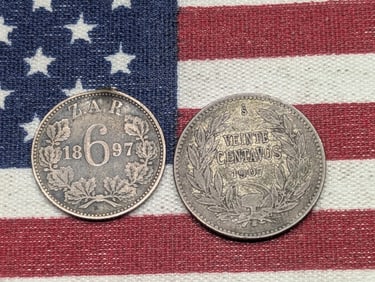 1897 South Africa 6 Silver Pence w/ Rim Ding & 1907-S Chile 20 Silver Centavos (2 PCS)