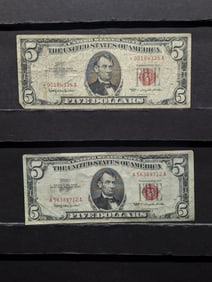 (2) 1963 Series $5.00 RED SEAL Banknotes Including One Star Note w/Lower S.N.