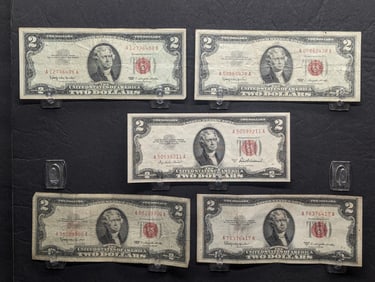 Five 1963 & 1953 Series $2.00 RED SEAL Banknotes, (1) 1953-A, (1) 1953-C, & (3) 1963