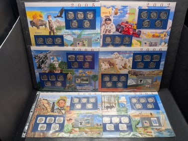 Collection of U.S. Mint Uncirculated Statehood Quarters & Commem Stamps in Display Binder Sleeves (6