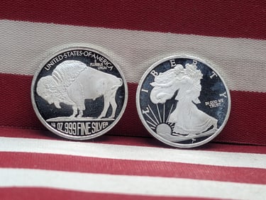 1/4 Oz. Each .999 FINE SILVER Walking Liberty & Buffalo Nickel Designed Rounds (2 PCS)